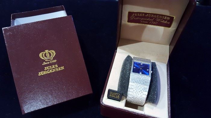 Jules Jurgensen silver 3-diamond blue dial watch