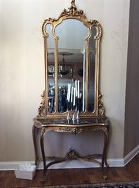 Monumental 9 foot 3 inch French marble top Gilt console and mirror