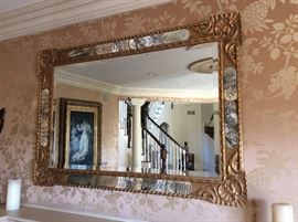 Carved wood and etched glass rectangular mirror. Spectacular !