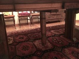 American made antique Tiger Oak Dining Table. When opened, the pedestal splits, revealing a hidden center leg for extra support. Has several leaves. Amazing table!