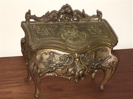 Antique metal jewelry box, gold gilt.