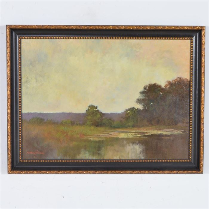 R. Michael Shannon Large Oil Painting of Landscape: A large oil painting on canvas of landscape by Kentucky artist R. Michael Shannon. This piece depicts a green landscape under a pastel colored sky, the paint application impressionistic in style. It is signed by the artist in the lower left hand corner and presented in a black and gold toned frame with molded borders.