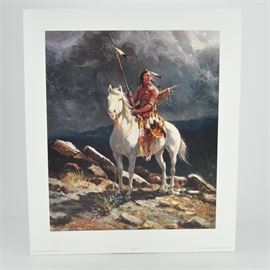 After Olaf Wieghorst Limited Edition Print "Arapaho": A limited edition offset lithograph print of Arapaho from the First Americans series after Olaf Wieghorst. This piece shows Arapaho with spear in hand on top of a white horse, featuring dark clouds and mountains in the background. The print is numbered 872 out of 1500 in the lower right hand corner, copyrighted 1990 O.W. Productions and published by Hadley House of Plymouth, MN. It comes with a protective folder.