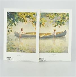 Paul Sawyier Limited Edition Prints of "Paul" and "Mayme": A pair of limited edition offset lithographs after Kentucky artist Paul Sawyier (1865-1917). One print of this complimentary pair shows Paul at one end of the canoe on a river with oar in hand, and the other features Mayme on the opposite end of the canoe, reclining and placing her hand in the water. The couple were romantically involved and informally engaged at one point, but Mayme ended it later. Each print is numbered 49 out of 395, copyrighted 2011 by Paul Sawyier Galleries of Frankfort, KY, and includes a certificate of authenticity.
