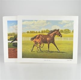Two Joseph Petro Signed Prints of "From Foal to Finish": A pair of offset lithograph prints from the From Foal to Finish series by Joseph Petro. This includes Trying his Legs and Will to Win, and each is signed by the artist in the lower right hand margin in pencil.