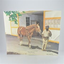Gene Gray Limited Edition Print "Secretariat and 'Snow' Fields": A limited edition offset lithograph print of Secretariat and “Snow” Fields after Gene Gray. This piece depicts the 1973 Triple Crown winner Secretariat being led by Fields next to a white and yellow stable building. The print is signed by the artist in the lower right hand corner and numbered 660 out of 1000. It includes a protective folder.