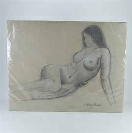 R. Michael Shannon Original Nude Charcoal Drawings: A set of three original nude charcoal drawings by Kentucky artist R. Michael Shannon. Each drawing features a female nude figure posing, completed in black charcoal with white chalk accents on grey toned paper. Each drawing is signed by the artist.