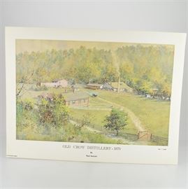 Paul Sawyier Limited Edition Print "Old Crow Distillery 1870": A limited edition offset lithograph print of Old Crow Distillery-1870 after Kentucky artist Paul Sawyier (1865-1917). The original painting was based on a photograph of the distillery, which burned and moved to a new location. The reproduction shows a high vantage point of the distillery buildings, surrounded by greenery, and a dirt road runs through the distillery. The print is numbered 830 out of 2000, copyrighted 1979 by Franklin Graphics, and includes a certificate of authenticity.