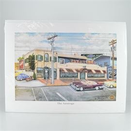 Steve Elswick Offset Lithograph Print "The Saratoga": An offset lithograph print of The Saratoga after Lexington, KY artist Steve Elswick. The piece depicts a vintage view of the Saratoga from across the street, surrounded by period cars. The lower right hand corner is marked “Historical Lexington Images Series, 1st Edition”.