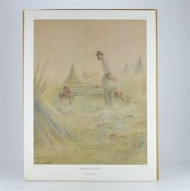Paul Sawyier Limited Edition Print "Braking Hemp": A limited edition offset lithograph print of Braking Hemp after Kentucky artist Paul Sawyier (1865-1917). This piece captures a worker tying up hemp into hanks next to the brake in a field. The print is numbered 30 out of 2000, copyrighted 1974 by Paul Sawyier Galleries, Inc. of Frankfort, KY, and includes a certificate of authenticity.
