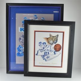 U.K. Sports Prints of Daryl M. Benningfield "Kentucky Football" and F. Scott Scinta "An Unparalleled Tradition": A pairing of University of Kentucky sports-themed prints. Kentucky Football by Daryle M. Bennington is a limited edition offset lithograph featuring a collage of football players, the stadium, and cheerleaders with Wildcat mascot. The print is signed by the artist in the lower right hand corner and numbered 296 out of 800. An Unparalleled Tradition; Kentucky Wildcat Basketball after F. Scott Scinta is a giclee print depicting a medley of U.K. basketball images including a wildcat, a jersey with shorts, Nike shoes, and a basketball. Each print is presented matted under glass in black frames.