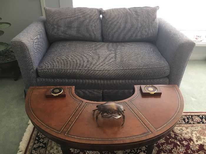 VINTAGE ANTIQUE FOX HUNT HALF MOON U-SHAPED COFFEE SERVING TABLE with over stuffed down sofa