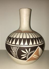 Lovely black and terra cotta, hand-painted vase by New Mexico Isleta Pueblo artist, Stella Teller. 