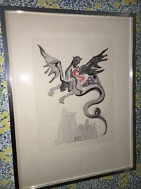 Dali, Plate from the Inferno, color woodcut. The print depicts a dragon with two riders. The title of this piece is "La Divine Comédie, Les Usuriers."