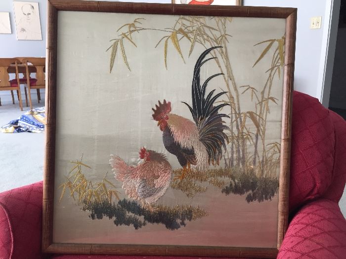 Large Asian Embroidered Rooster and Hen
