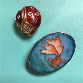 Little sterling enamel goldfish pin and a tiny ladybug