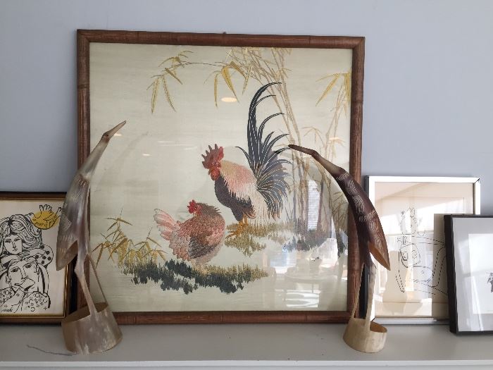 Antique Asian embroidered rooster and hen