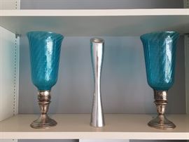 Nambe flanked by two sterling candle holders with gorgeous removable aqua glass hurricane shades
