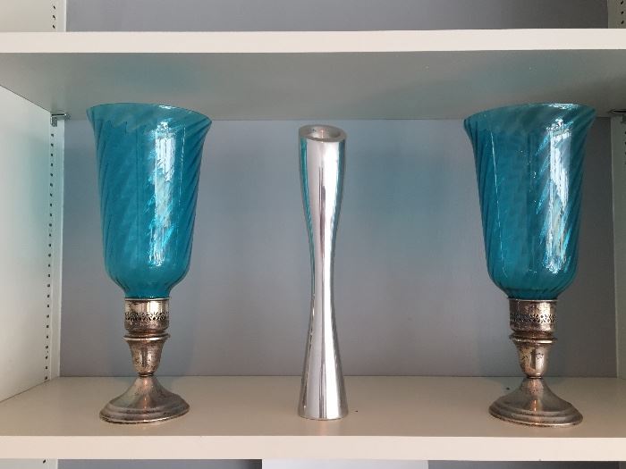 Nambe flanked by two sterling candle holders with gorgeous removable aqua glass hurricane shades