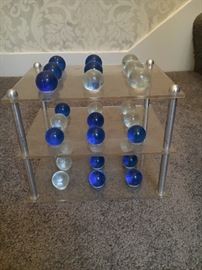 Tri Tac Toe - Vintage 3-tier game from the 70s. Glass marbles, lucite stand.