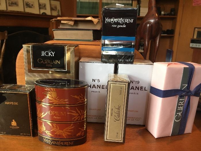 Unopened and opened vintage perfumes, Jicky, Shalimar, Chanel 5,19, Opium and many others. These are the NIB!