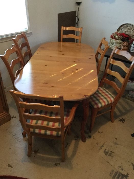 Swedish Country Pine Dining Table w/ Two Leaves for adaptability and 6 Ladder Back, Upholstered Chairs