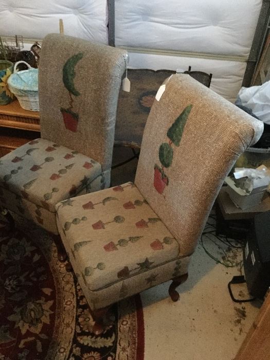Two Upholstered, Hand Painted Accent Chairs.