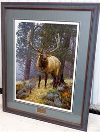 ARTIST SIGNED BRUCE MILLER CABELA'S CONSERVATION EDITION LOW NUMBER 34/500 FRAMED MATTED FOGGY MOUNTAIN CHALLENGE BULL ELK PRINT