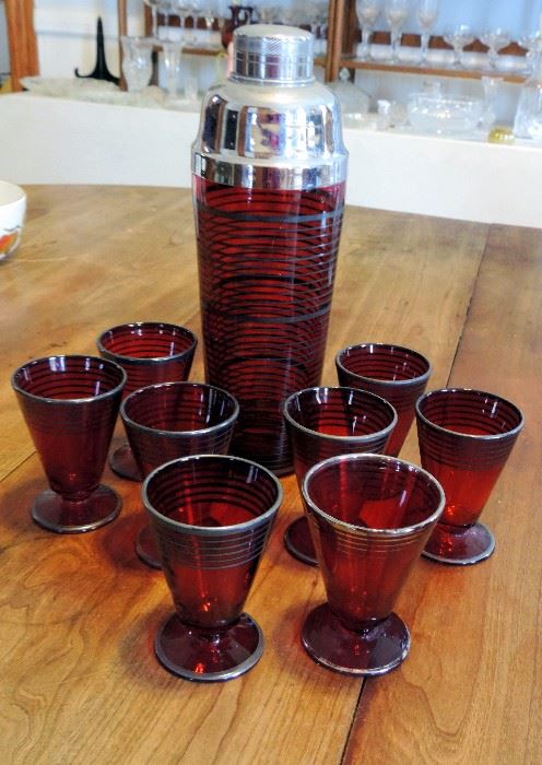 Red Glass Art Deco Cocktail Set
