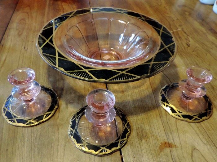 Art Deco Glass Console Set with 3 Candle Holders