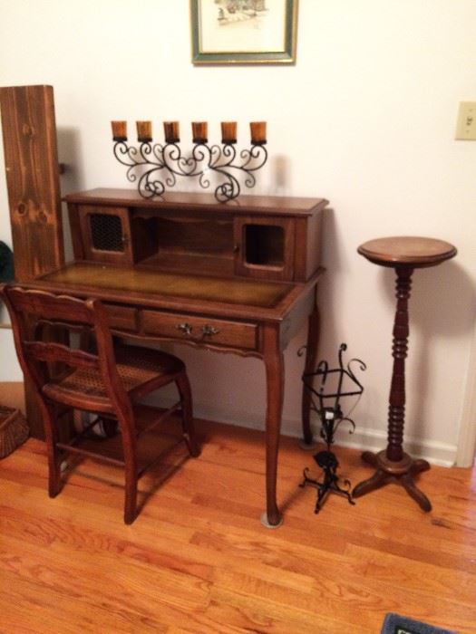 #7 Leather top desk with drawer 37x21x39 $175 #32 Odd cane seat dining chair $35