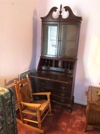 #6 antique secretary with wire doors 29x16x80 $250 #44 Kid rocker w woven seat and back $60