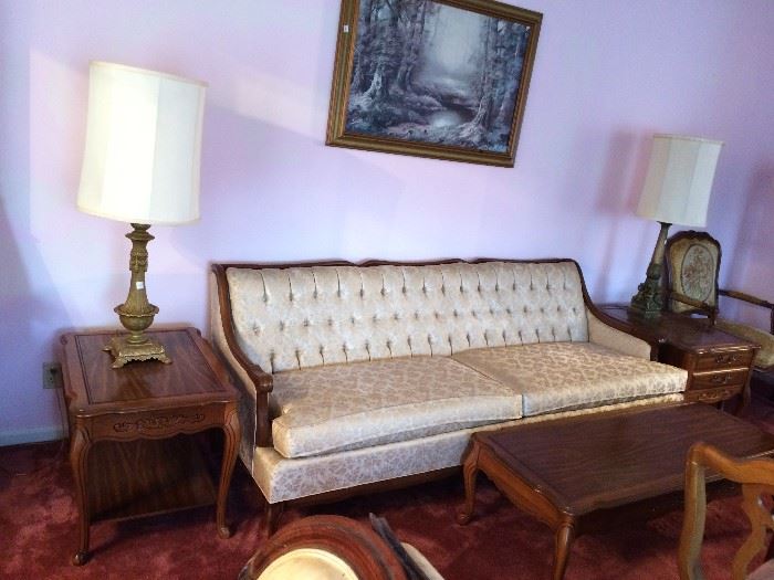 #86 Gold French provincial sofa $75 #3 (2) French provincial end tables 22x27x21 $75 each #93 Queen Anne leg coffee table with carve front 50x21x14 $30