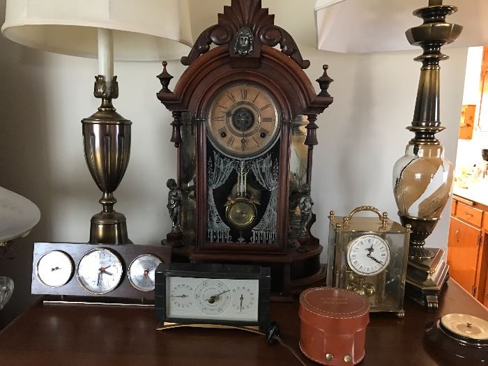 Variety of clocks including WM L Gilbert Antique Clock
