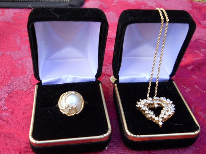 14kt GOLD MAMBE PEARL WITH DIAMONDS   HEART SHAPE PENDANT 1CT BRILLIANT COLOR 1.5MM 14KT ROPE SWEET FPR YOUR SWEETHEART