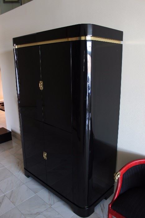 Black lacquer and brass bar wall unit 