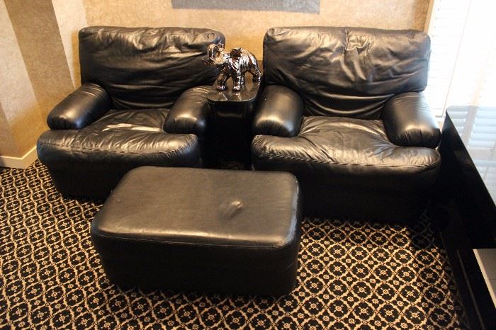 Pair of Emerson leather lounge chairs with ottoman 