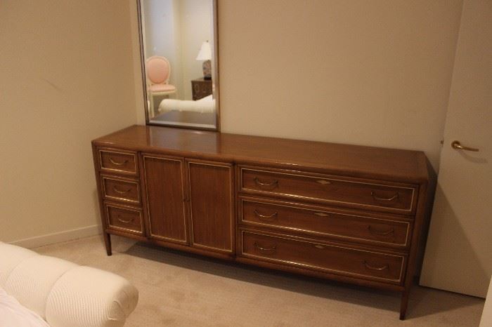 Brass and wood dresser credenza with matching mirror 