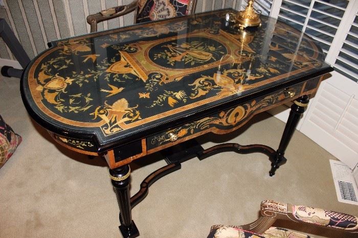 French wood inlay- ed desk with bronze accents