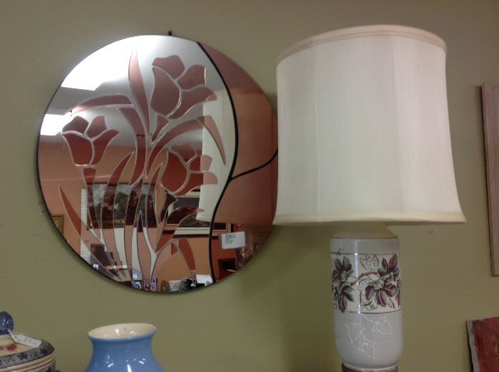 Hand painted lamp, Tulip cut mirror 
