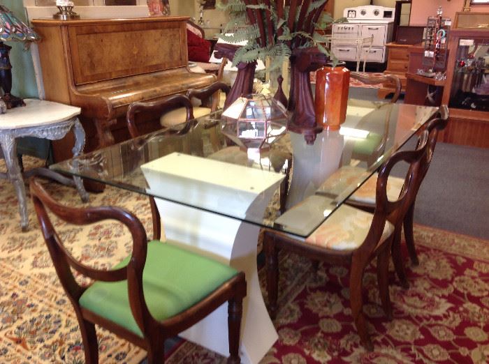 Bevelled glass dining table w/rosewood balloon chairs