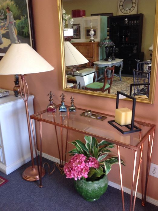 Copper sofa table & copper lamp
