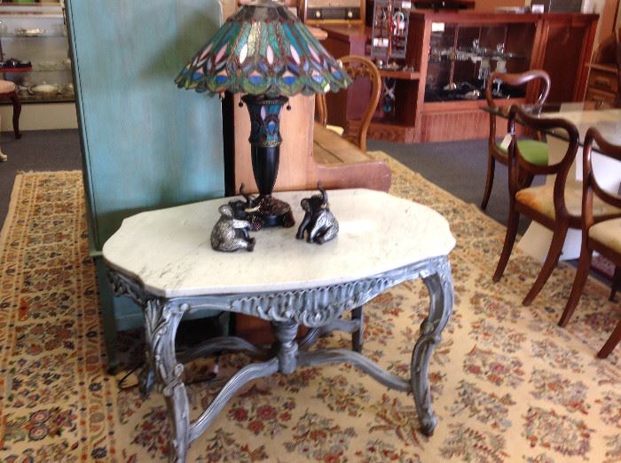 Marble top hall table, reproduction tiffany lamp