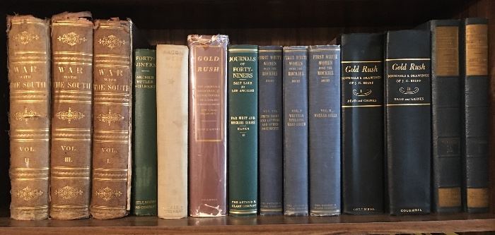 Antique books on the gold rush, war, immigrant journals, American history 