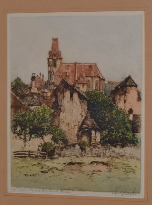 Colored etching of German cathedral scene