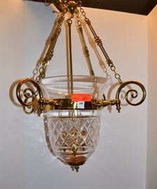 Beautiful glass and brass hanging chandelier.  Purchased from Shades of Light