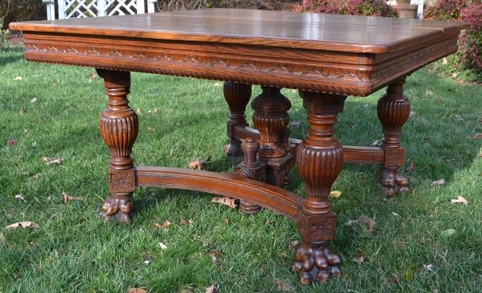 Oak DR table or Library table, carved legs and hairy paw feet.  No leaves!