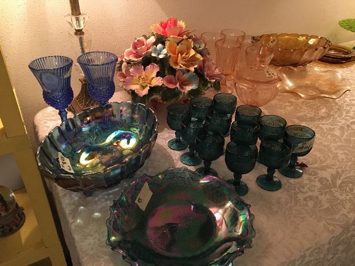 fabulous blues and golds in old glass   porcelain flower arrangement  pink depression glass 