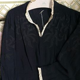 1940s era rayon mourning dress with applique detail, lace collar & cuffs