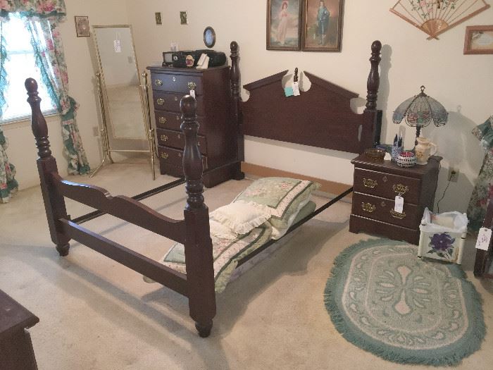 Full Size Bed, Chest, Dresser, Nightstand, and Brass Floor Style Mirror